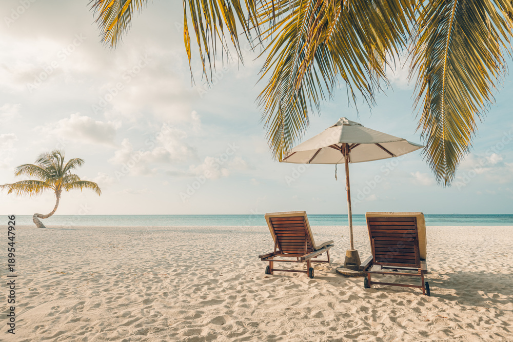 Obraz premium Romantic summer beach tropical landscape love couple honeymoon luxury resort beachfront shore ocean paradise travel destination scenic vacation. Breathtaking sunset colors freedom carefree romance