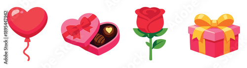 Valentines Day romantic gifts in flat style: heart balloon, chocolate box, rose, gift box. Vector icons