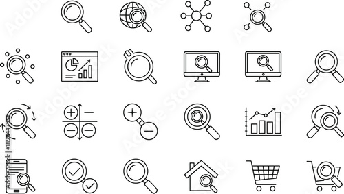 SEO analytics and search optimization line icons set featuring magnifier research data analysis marketing performance charts ecommerce and digital strategy outline symbols