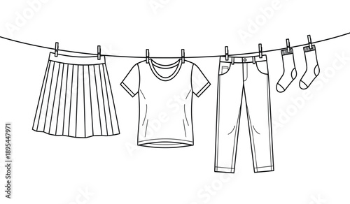 Clothing items hanging on a clothesline with clips, including a pleated skirt, tshirt, jeans, and socks