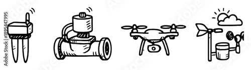 Agricultural IoT equipment in doodle style: soil sensor, irrigation valve, drone, weather gauge. Vector icons