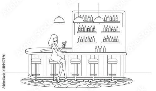 A woman sitting at a bar counter with shelves of bottles behind her in a line drawing style