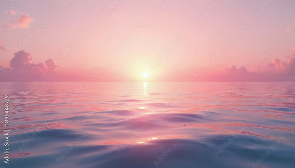 Obraz premium Ocean water reflects pink and purple sky at sunset. Gentle waves ripple on the sea surface. Calm horizon line divides sea and pastel colored clouds.