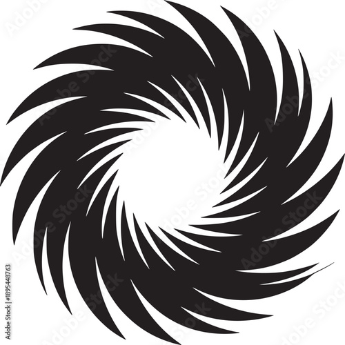 A black and white abstract vortex design with sharp edges spiraling inward to a central open space