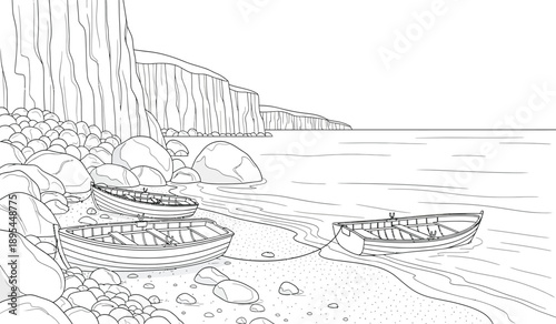 A black and white illustration of two small boats on a rocky beach with a cliff in the background