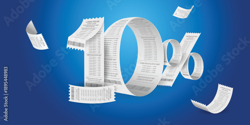 10 Percent Discount Receipt Concept with 3D Paper Receipt Numbers on Blue Background.10% discount on purchases. Sales promotion.