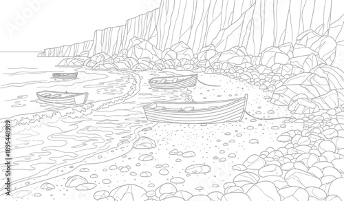A serene landscape illustration of a rocky shoreline with trees and a body of water in a simple line drawing style