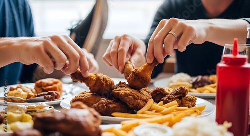 People sharing a meal of fried chicken and fries at a table