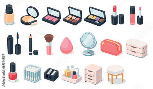 Beauty and personal care makeup kit in isometric flat style: foundation bottle, powder compact, blush palette, eyeshadow palette, lipstick, lip gloss, mascara. Vector icons