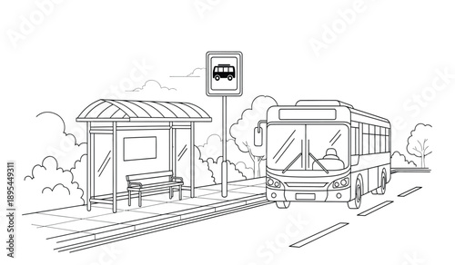 A black and white line drawing of a bus stop with a bus arriving, featuring a shelter, bench, and route sign