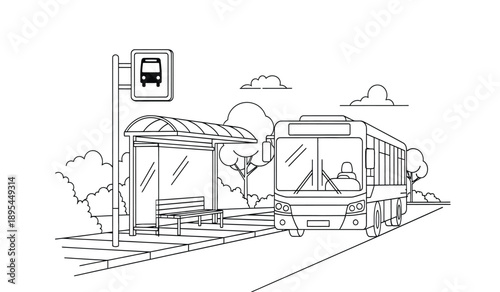 A black and white line drawing of a bus stop with a bus arriving