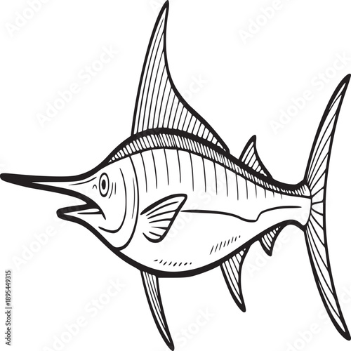 Illustration of a swordfish with a long bill and prominent dorsal fin on a white background