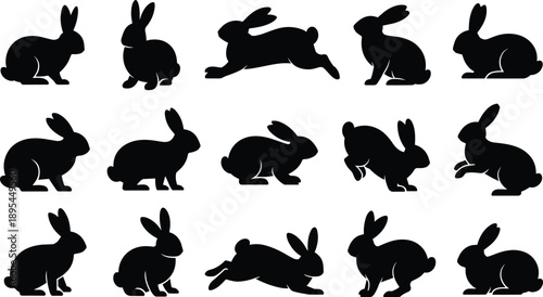 Rabbit silhouettes collection showing cute bunnies in sitting, running and jumping poses isolated on white background, animal vector illustration set