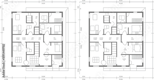 Residential house floor plan blueprint with detailed room arrangement, measurements and dimensions, architectural technical drawing vector for home design, construction planning and real estate use