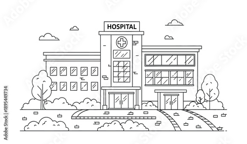 A line drawing of a hospital building with a clock tower and trees on either side