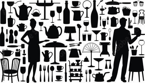 Restaurant and café silhouettes collection featuring waiters, waitresses, tableware, glassware, kitchen utensils, and dining furniture isolated on white background for hospitality 