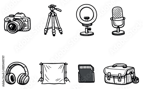 Social media content creation kit in doodle style: camera, tripod, ring light, microphone, headphones, backdrop cloth, memory card, equipment. Vector icons