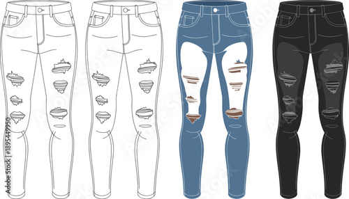 Ripped skinny jeans vector set showing distressed denim pants styles, fashion illustration collection in outline, blue and black colors isolated on white background