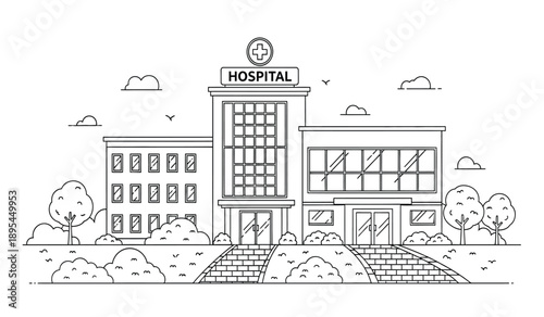 A line drawing of a hospital building with a clock on top and trees around it