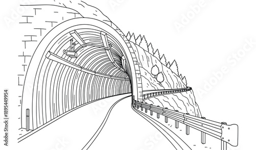 A black and white illustration of a train tunnel with tracks and arched brickwork