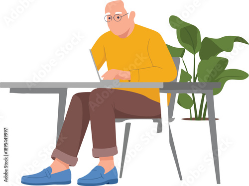 Senior Online Learning & Digital Lifestyle Illustration  Mature Man Studying on Laptop