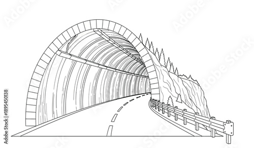 A black and white line drawing of a large industrial building with a curved roof and a long walkway leading to it