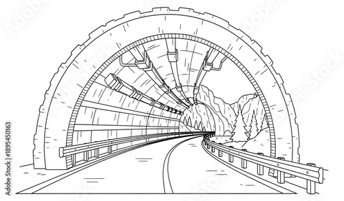 A black and white line drawing of a tunnel with a road and guardrails leading to a distant mountain range
