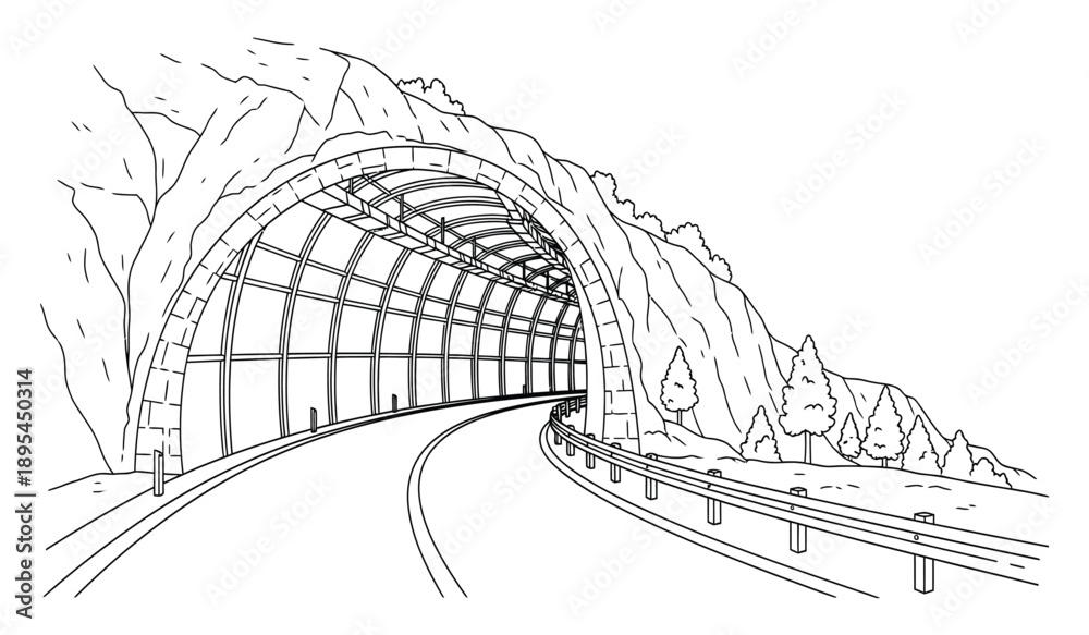 Obraz premium A black and white line drawing of a train tunnel with a road and guardrail on the right side