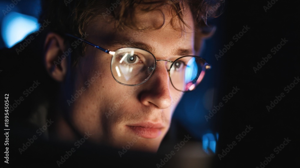 Fototapeta premium a young 20 year old nerdy tech guy locked in and focused on a computer monitor, he is intensely focused on what he is seeing 
