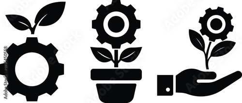 Eco technology icons set, Green energy gear symbols, Sustainable growth concept collection