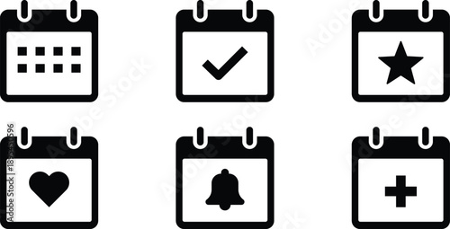 Calendar interface icons set, Schedule reminder symbols, Event planning UI collection