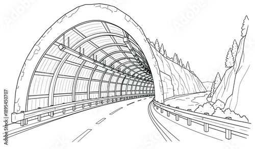 A black and white illustration of a tunnel with a road and trees on the side