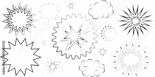 Collection of diverse black and white starburst and explosion illustrations