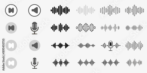A collection of grey audio icons and sound wave visualizations
