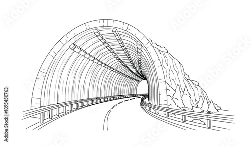A black and white illustration of a tunnel with a road and rail tracks leading to a distant exit