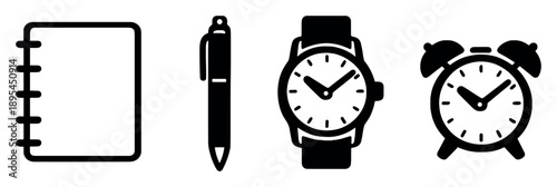 Daily digital routine accessories in linear style: notebook, pen, wristwatch, alarm clock. Vector icons