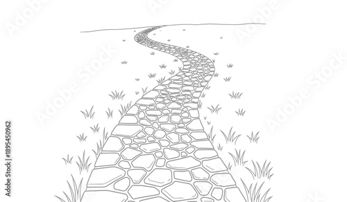 A winding stone pathway through a grassy field with rocks and pebbles