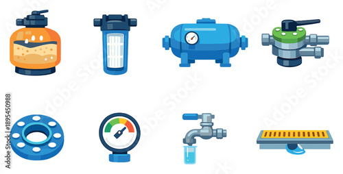 Municipal water filtration hardware in flat style: sand filter, cartridge filter, pressure vessel, backwash valve, pipe flange, pressure. Vector icons