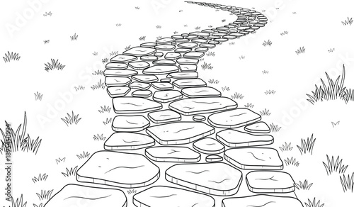 A black and white illustration of a stone pathway through a field with grass and weeds on either side leading up to the distance