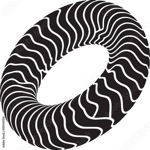 Abstract black and white torus with wavy lines creating an optical illusion on a white background