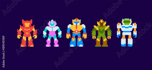 Collections of Pixel Art Anime Super Heroes avatars,  Monsters characters and Japanese Robots in 8-bit retro video game style - editable vector pixel graphics