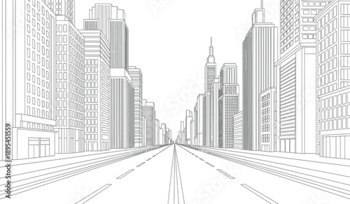 Cityscape illustration of a futuristic urban landscape with skyscrapers and empty road
