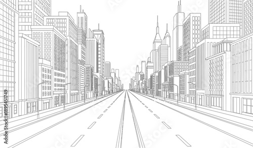 City street with buildings and skyscrapers in a line drawing style