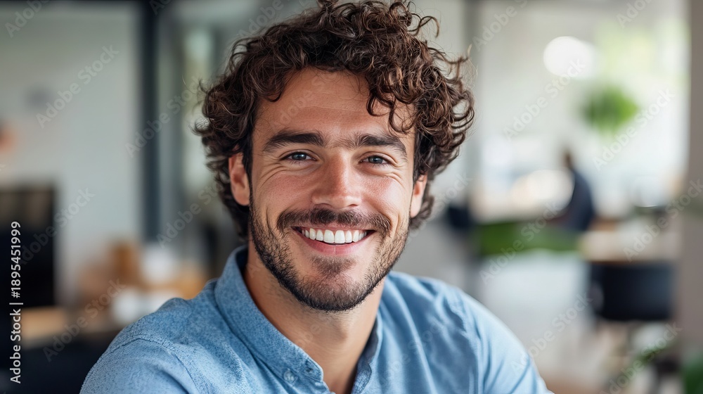 Obraz premium A smiling man with curly hair and a beard in a modern office setting looking happy and relaxed