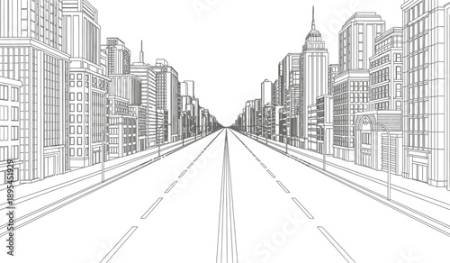 A black and white illustration of a city street with tall buildings on both sides and a road stretching into the distance