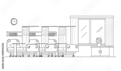 A detailed line drawing of a hospital ward interior with beds and medical equipment