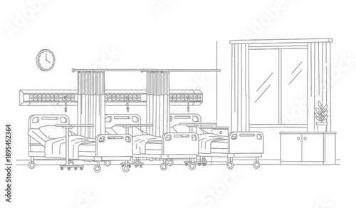 Detailed architectural drawing of a modern living room with furniture and a clock on the wall in a minimalist style