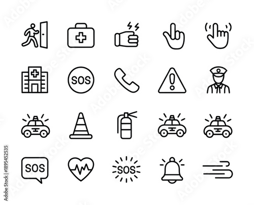 Vector icons depicting various emergency and safety symbols in a clean design