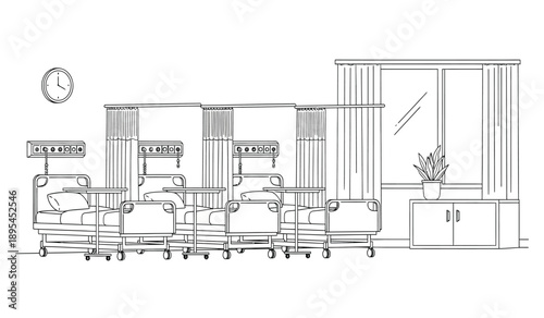 A detailed line drawing of a modern hospital ward interior with beds and medical equipment
