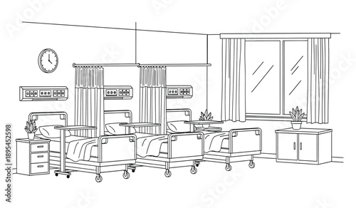 A black and white line drawing of a modern office interior with desks and furniture